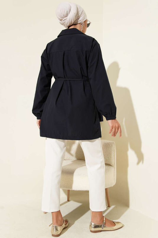 Önü Pilelİ Brit Düğmeli Gömlek Lacivert