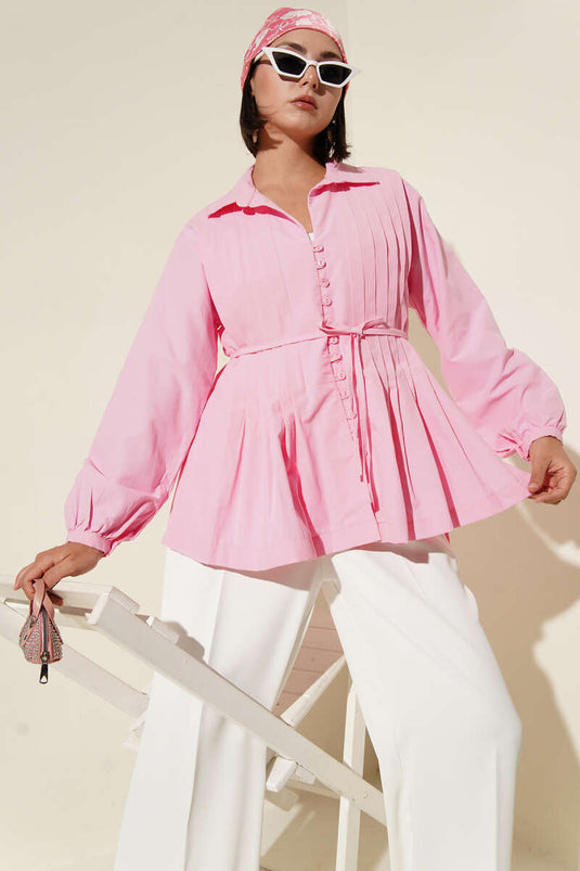 Önü Pilelİ Brit Düğmeli Gömlek Pembe