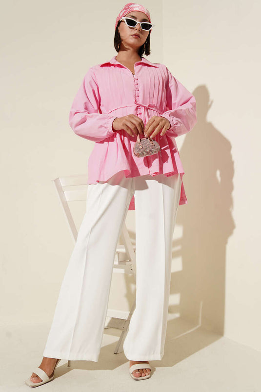 Önü Pilelİ Brit Düğmeli Gömlek Pembe