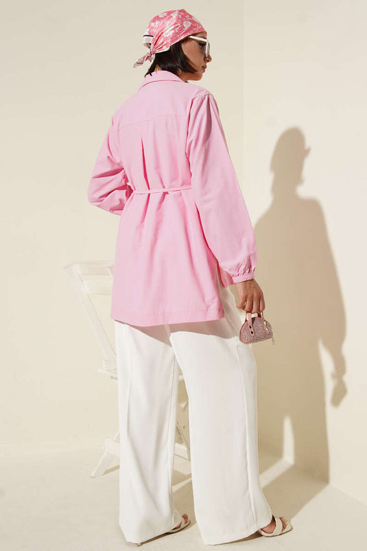 Önü Pilelİ Brit Düğmeli Gömlek Pembe