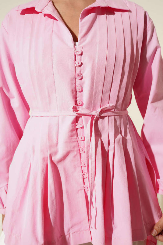 Önü Pilelİ Brit Düğmeli Gömlek Pembe