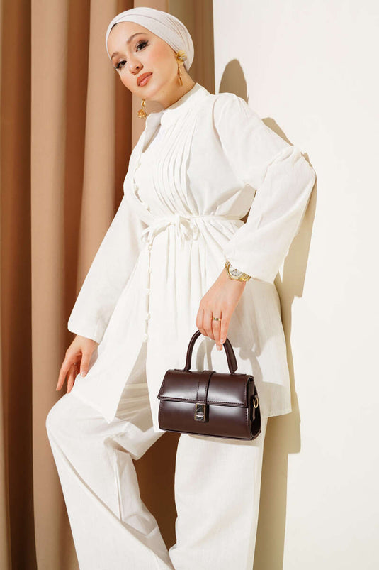 Pleated Front Brit Buttoned Linen Two Piece Suit Ecru