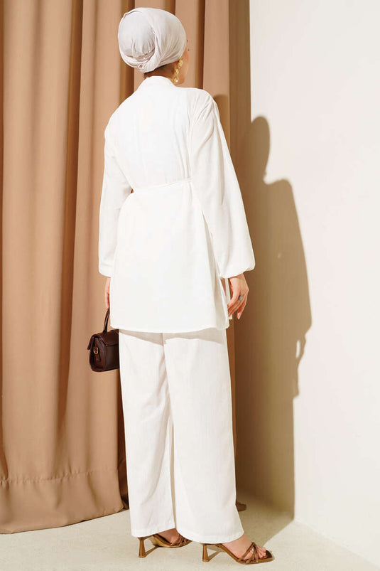 Pleated Front Brit Buttoned Linen Two Piece Suit Ecru