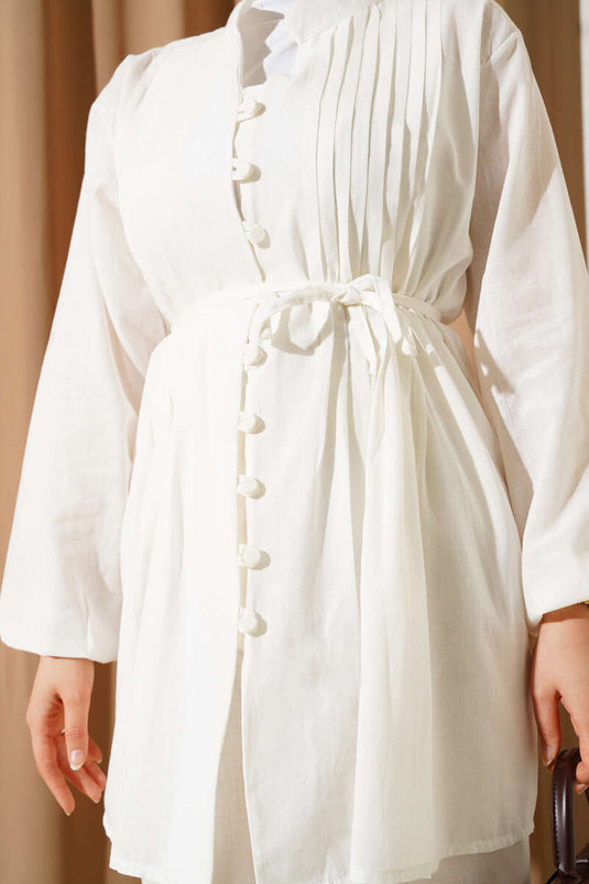 Pleated Front Brit Buttoned Linen Two Piece Suit Ecru