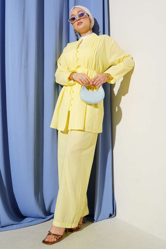 Pleated Front Brit Buttoned Linen Two Piece Suit Yellow