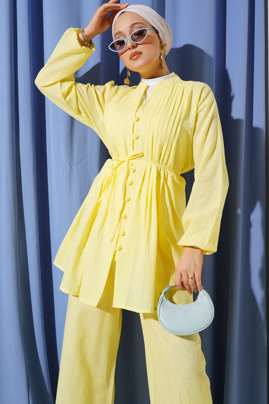 Pleated Front Brit Buttoned Linen Two Piece Suit Yellow