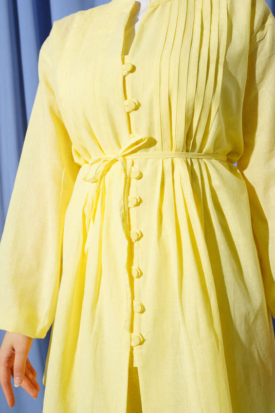 Pleated Front Brit Buttoned Linen Two Piece Suit Yellow