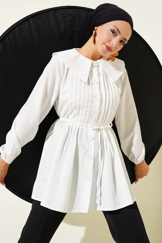 White Pleated Front Sailor Collar Shirt