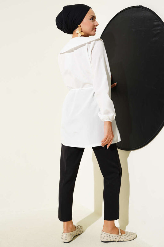 White Pleated Front Sailor Collar Shirt