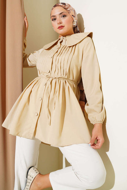 Pleated Front Sailor Collar Shirt Latte