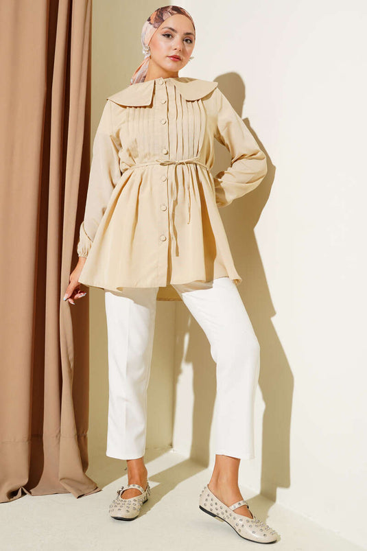 Pleated Front Sailor Collar Shirt Latte