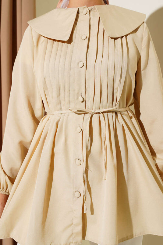 Pleated Front Sailor Collar Shirt Latte
