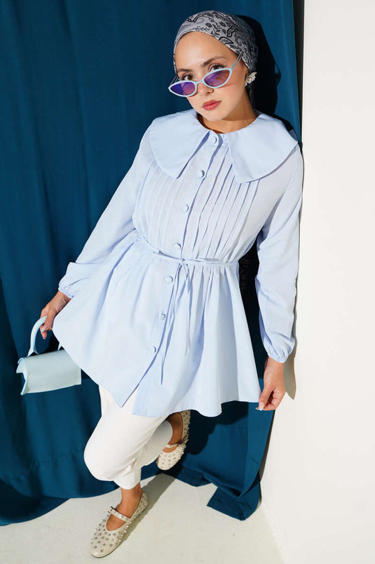 Front Pleated Sailor Collar Shirt, Blue