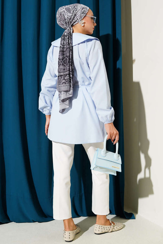 Front Pleated Sailor Collar Shirt, Blue