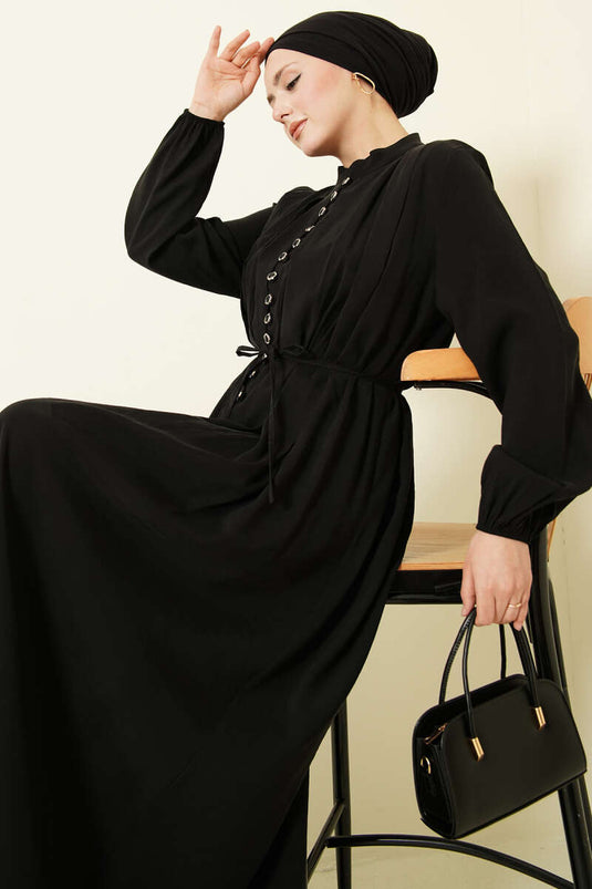 Front Pleated Buttoned Modal Dress Black