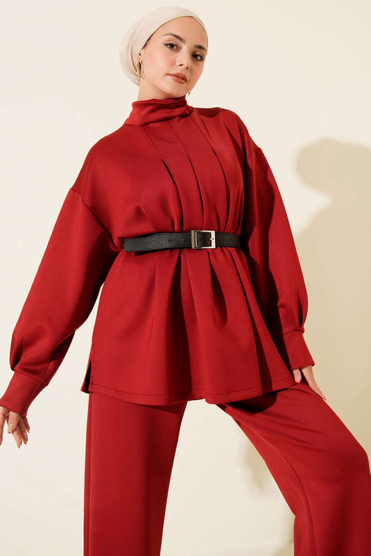 Pleated Belted Scuba Two Piece Suit Burgundy