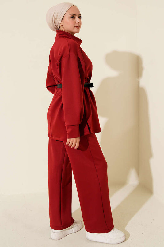 Pleated Belted Scuba Two Piece Suit Burgundy