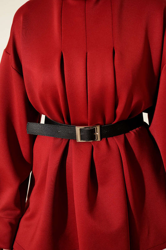 Pleated Belted Scuba Two Piece Suit Burgundy