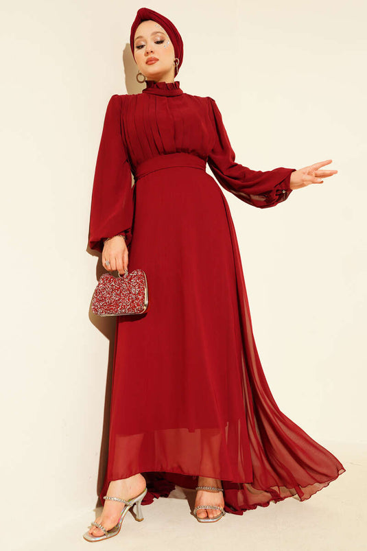 Pleated Front Belted Chiffon Evening Dress Burgundy