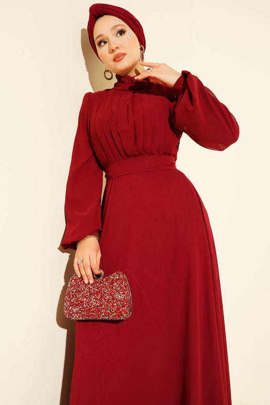 Pleated Front Belted Chiffon Evening Dress Burgundy