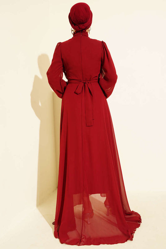 Pleated Front Belted Chiffon Evening Dress Burgundy