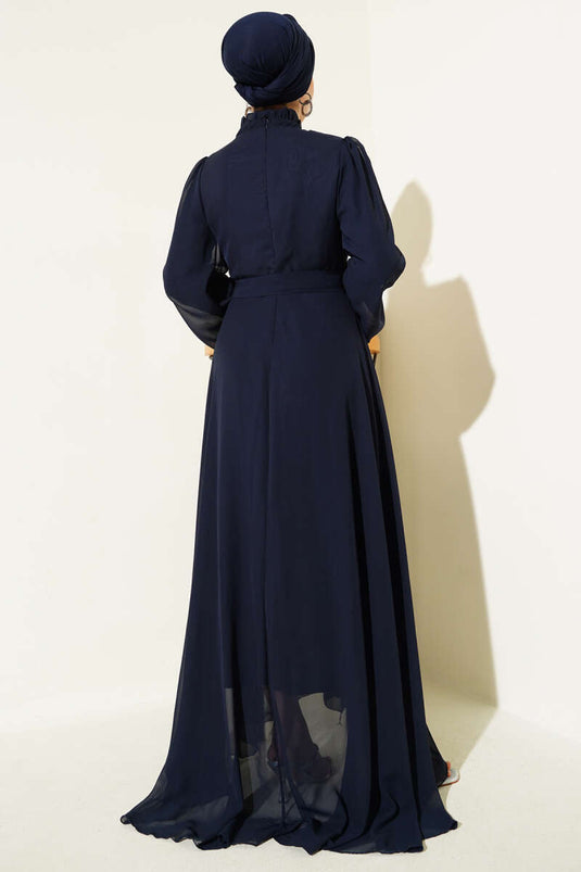 Pleated Front Belted Chiffon Evening Dress Navy Blue