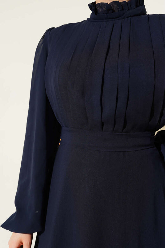 Pleated Front Belted Chiffon Evening Dress Navy Blue