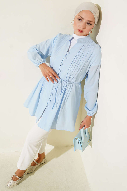 Pleated Front Sweater Shirt Blue