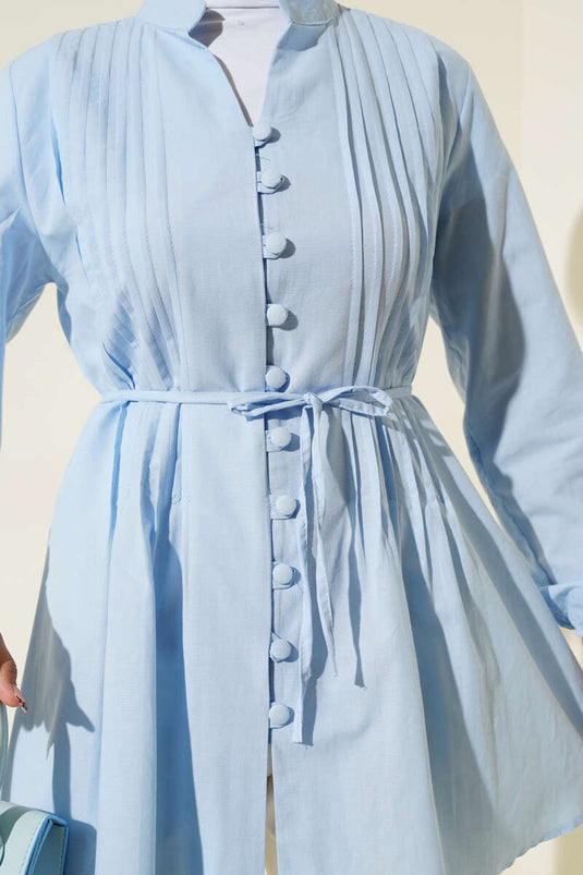 Pleated Front Sweater Shirt Blue