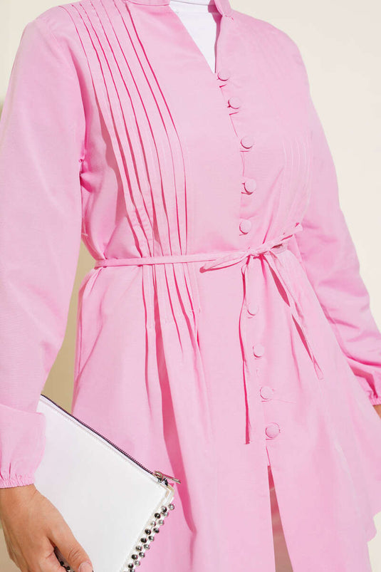 Önü Pileli Terikoton Gömlek Pembe