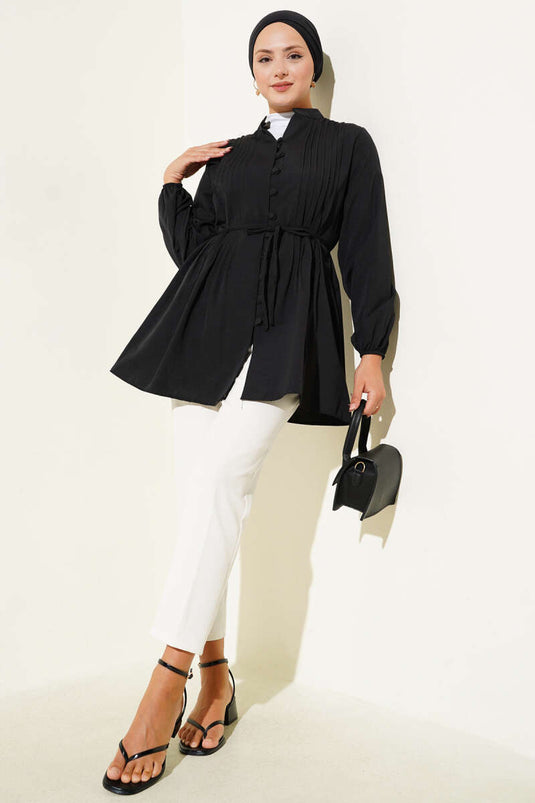 Chemise À Col Roulé Plissée Noire