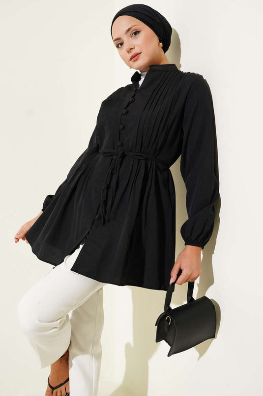 Pleated Front Sweater Shirt Black