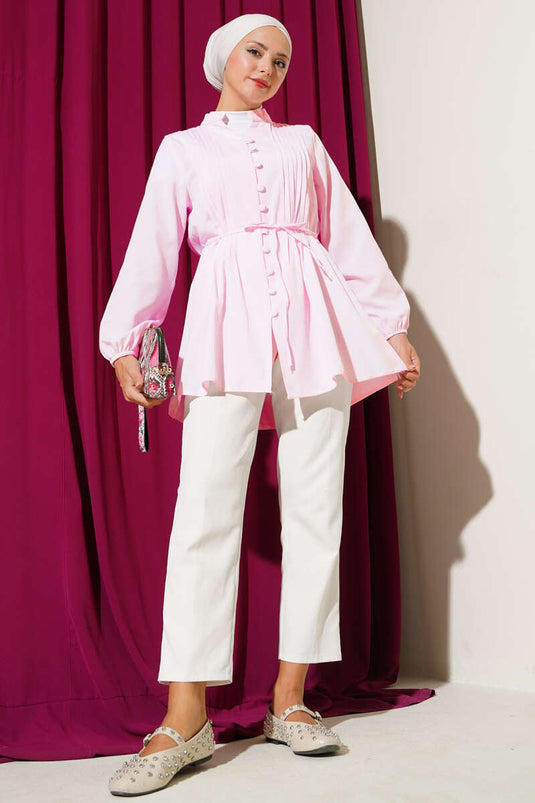 Pleated Front Sweater Shirt Dusty Pink