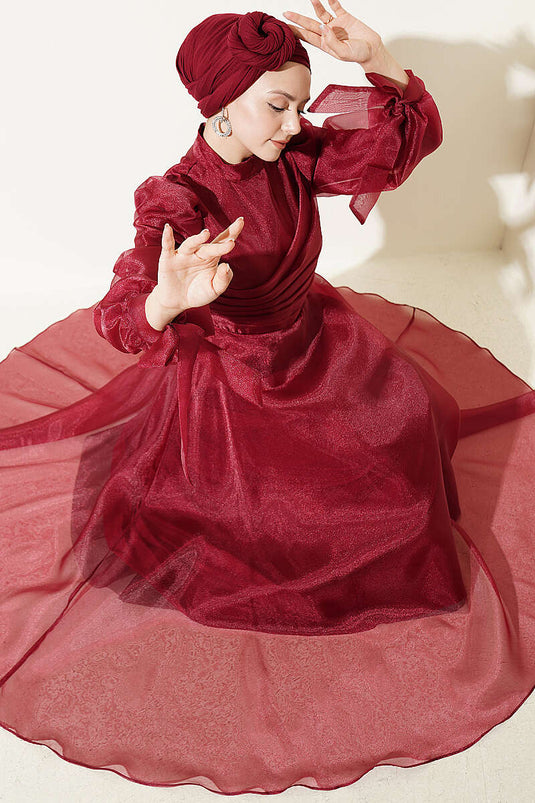 Burgundy Pleated Tulle Evening Dress