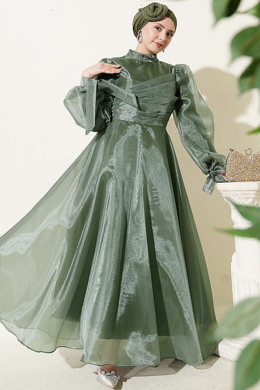 Robe de soirée en tulle plissé devant kaki
