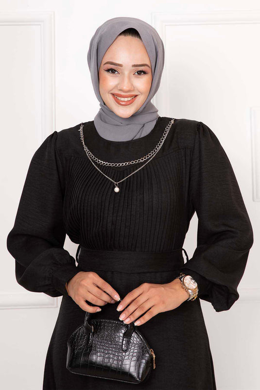 Robe Hijab avec détail plissé sur le devant, noir