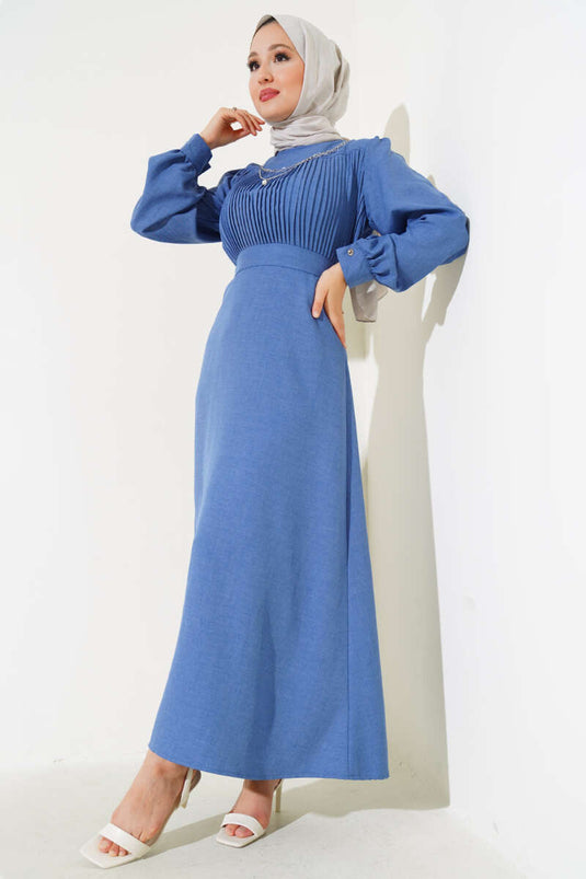 Robe Plissée Devant En Lin Bleu