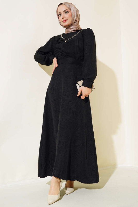 Front Pleated Linen Dress Black