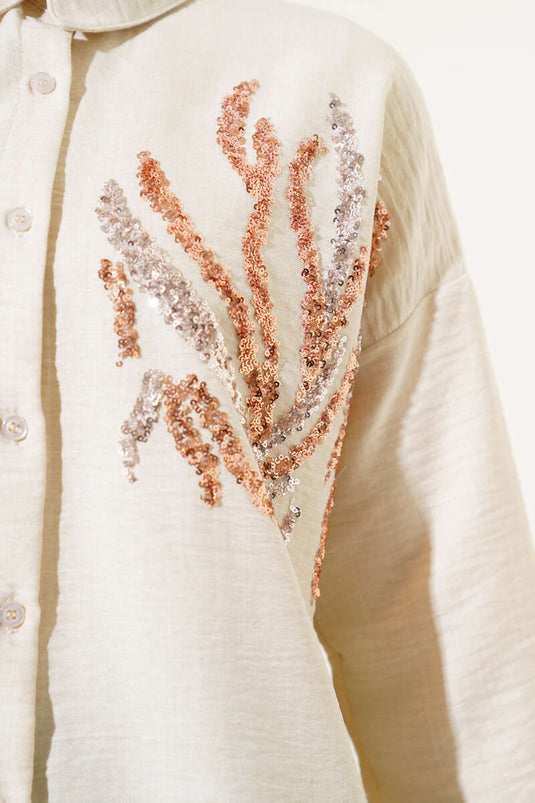 Camicia con paillettes frontale e dettaglio beige
