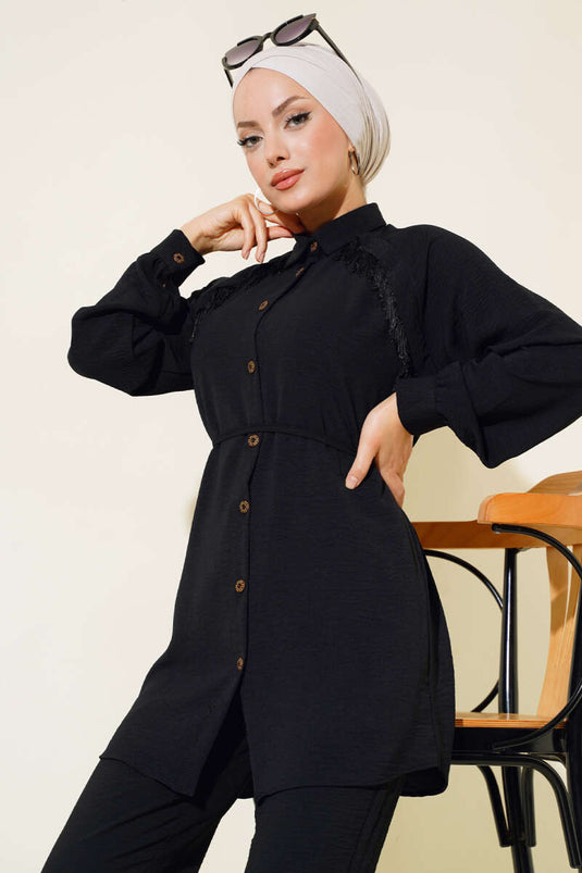 بدلة مزدوجة مع تفاصيل شرابة من الأمام، أسود