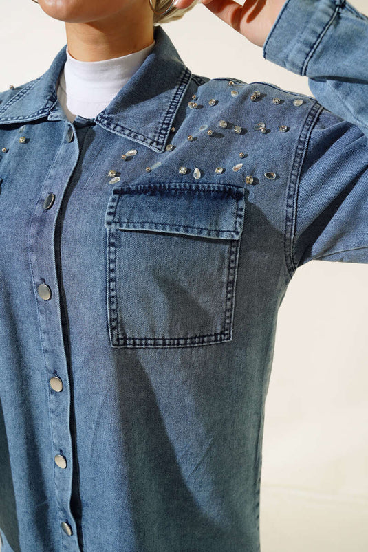 Denim-Doppelanzug mit Steindetail auf der Vorderseite, Denimblau