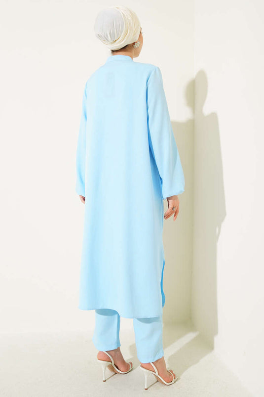 Önü Taş Detaylı Uzun Tunik İkili Takım Bebe Mavi