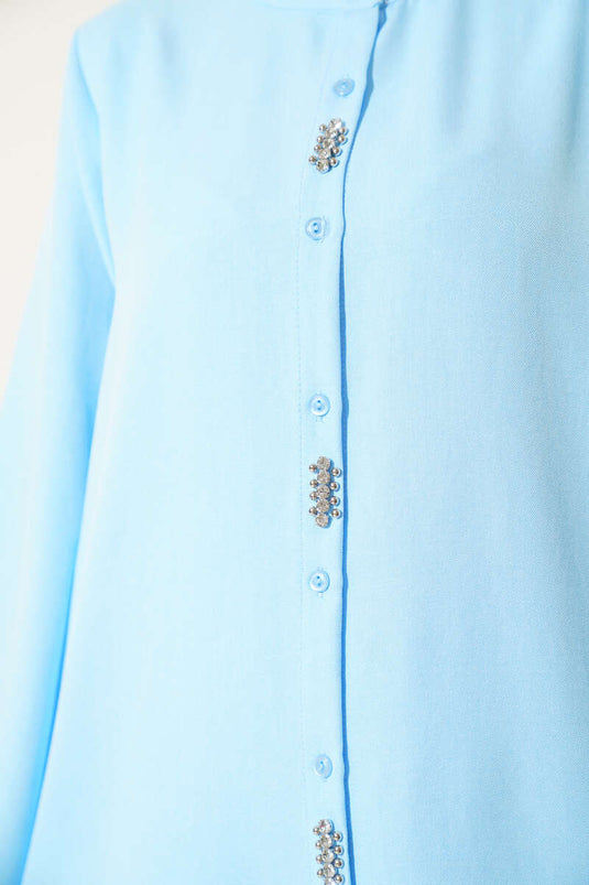 Önü Taş Detaylı Uzun Tunik İkili Takım Bebe Mavi