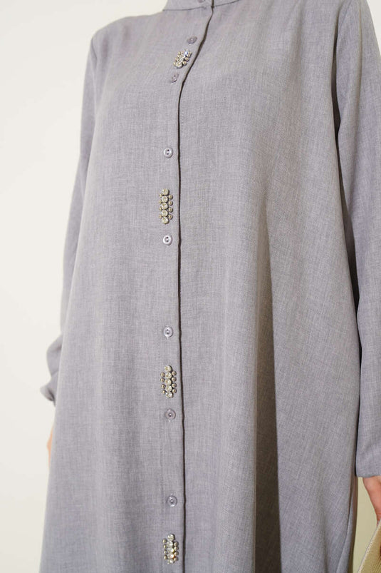 Long Tunic Two-Piece Set Gray with Stone Detail on the Front