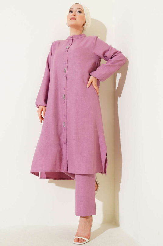 Long Tunic Two Piece Set with Stone Detail on the Front Dusty Rose