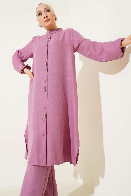 Long Tunic Two Piece Set with Stone Detail on the Front Dusty Rose