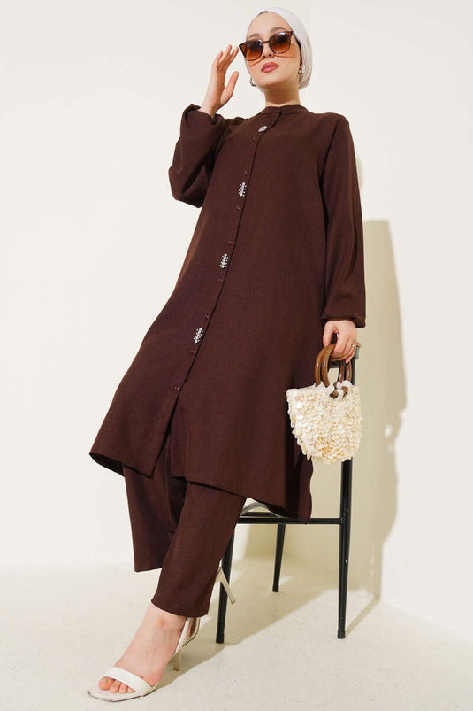 Önü Taş Detaylı Uzun Tunik İkili Takım Kahve