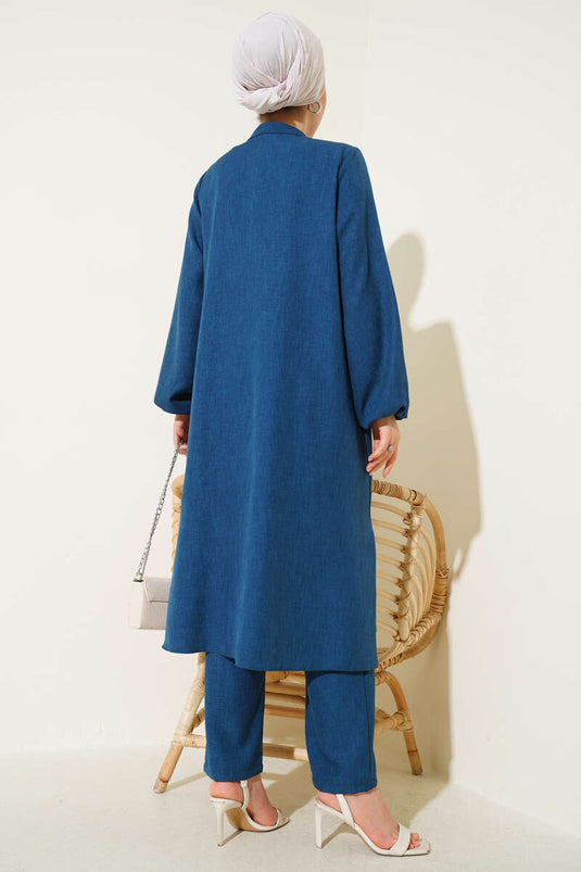 طقم تونيك طويل مكون من قطعتين مع تفاصيل حجرية على الجهة الأمامية