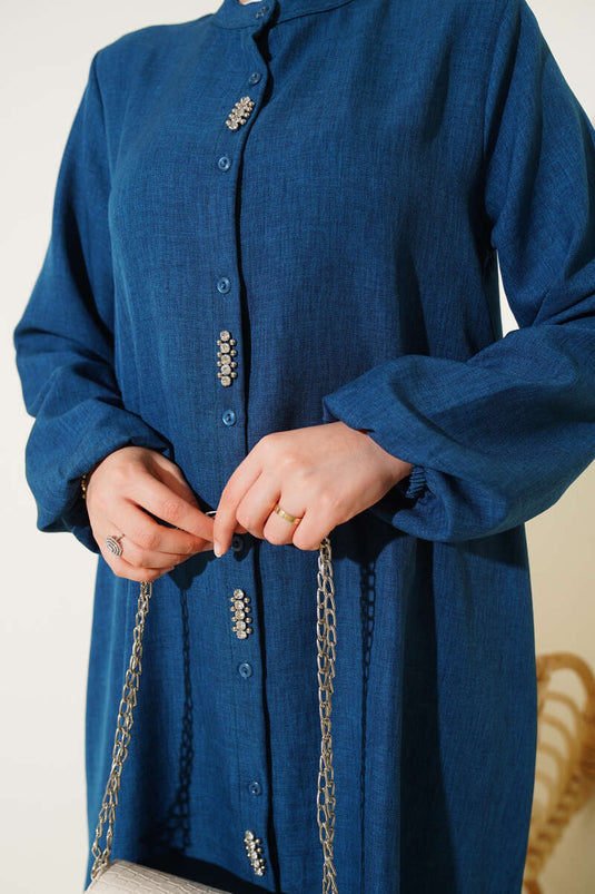 طقم تونيك طويل مكون من قطعتين مع تفاصيل حجرية على الجهة الأمامية