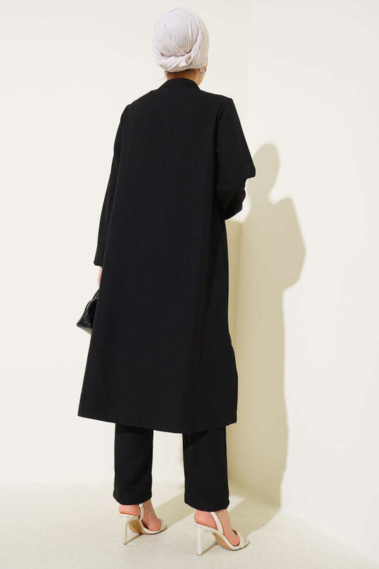 Long Tunic Two-Piece Set Black with Stone Detail on the Front